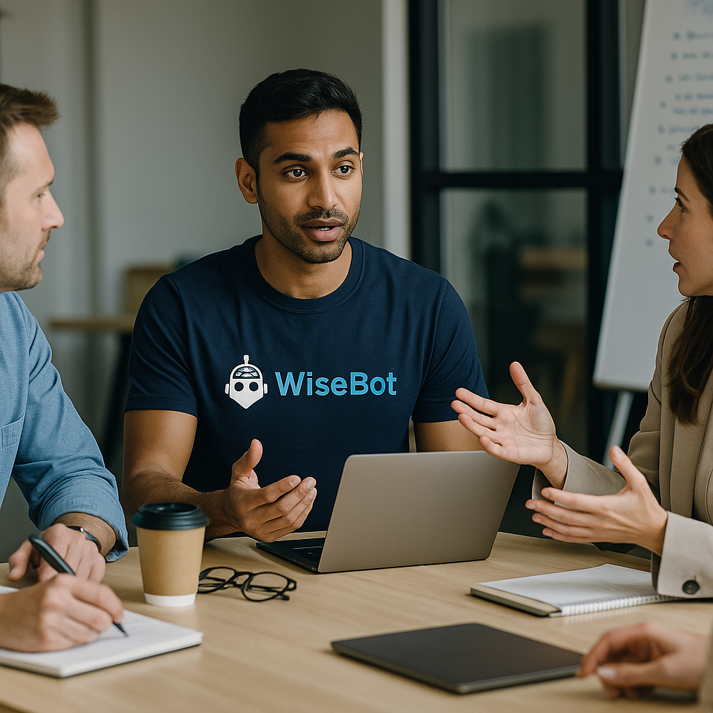 Equipo en reunión planificando un proyecto con WiseBot